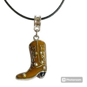 Cowboy Boot Necklace Cowgirl Brown Enamel Country Western Black Cord 16-18"